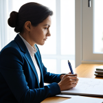 A contemplative professional individual, appearing focused and serene, in a modest, well-fitted business casual outfit, fully clothed. They are seated at a clean, modern desk in a sunlit home office, looking down at a notebook where they are sketching a mind map of concepts. The background is softly blurred, showing minimalist décor and natural light filtering through a window, suggesting introspection and deep thought. The atmosphere is calm and inspiring. Perfect anatomy, correct proportions, natural pose, well-formed hands, proper finger count, natural body proportions, safe for work, appropriate content, professional dress, family-friendly, high resolution, professional photography.