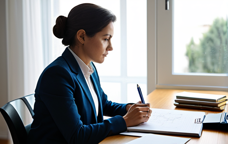 A contemplative professional individual, appearing focused and serene, in a modest, well-fitted business casual outfit, fully clothed. They are seated at a clean, modern desk in a sunlit home office, looking down at a notebook where they are sketching a mind map of concepts. The background is softly blurred, showing minimalist décor and natural light filtering through a window, suggesting introspection and deep thought. The atmosphere is calm and inspiring. Perfect anatomy, correct proportions, natural pose, well-formed hands, proper finger count, natural body proportions, safe for work, appropriate content, professional dress, family-friendly, high resolution, professional photography.
