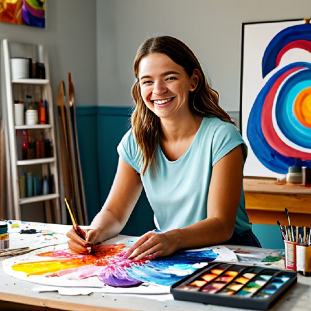 Finding Your Passion**

"A woman smiling genuinely, working on a colorful art project in a bright, sunlit studio. Surrounded by paints, brushes, and creative materials. Fully clothed in casual, comfortable clothing. Safe for work, appropriate content, professional lifestyle photography, natural pose, perfect anatomy, modest attire."

**