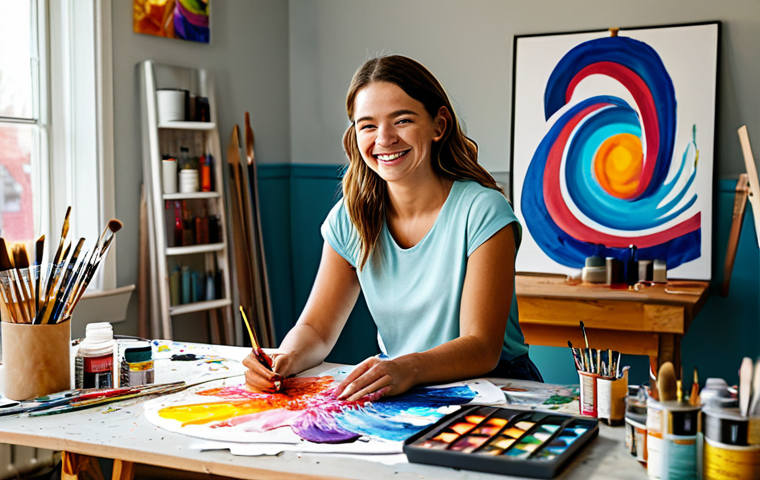 Finding Your Passion**

"A woman smiling genuinely, working on a colorful art project in a bright, sunlit studio. Surrounded by paints, brushes, and creative materials. Fully clothed in casual, comfortable clothing. Safe for work, appropriate content, professional lifestyle photography, natural pose, perfect anatomy, modest attire."

**