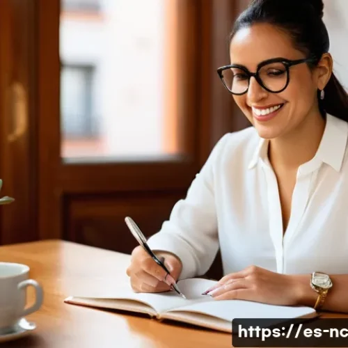 내적 동기 기반의 경력 관리 전략 - A professional Hispanic woman in her early 30s sitting at a modern office desk in Madrid, Spain, wri...
