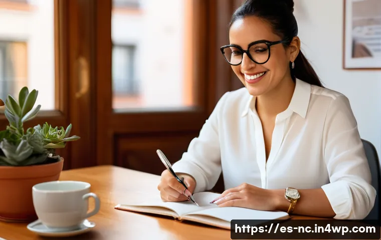 내적 동기 기반의 경력 관리 전략 - A professional Hispanic woman in her early 30s sitting at a modern office desk in Madrid, Spain, wri...