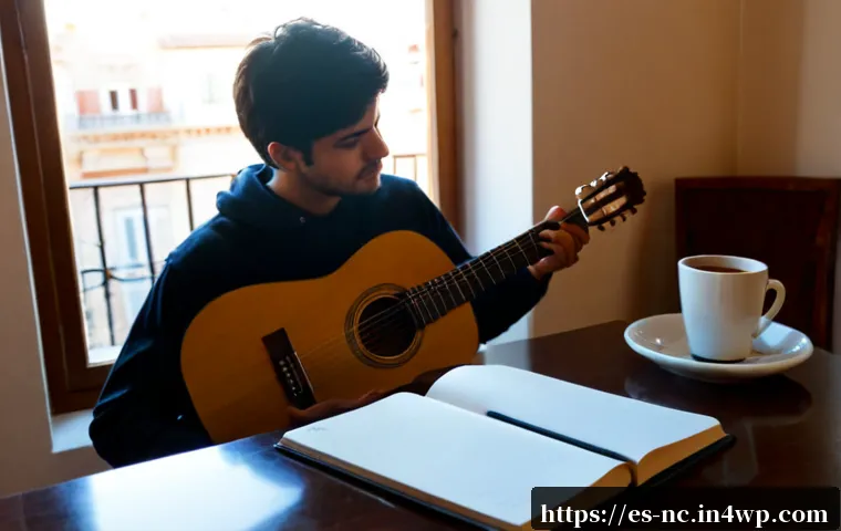 내적 동기가 중요한 이유 - Photorealistic scene of a Spanish-speaking young adult practicing acoustic guitar alone in a sunlit ...